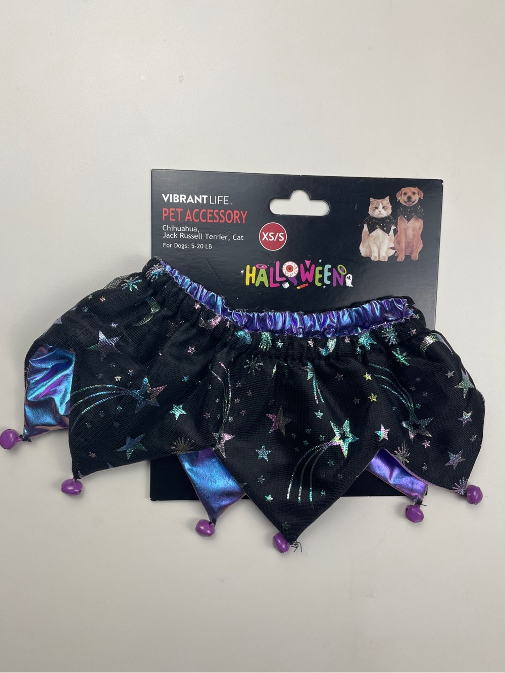 Xs/s Pet Reversible Halloween Jester Collar With Bells Black Or Purple/blue